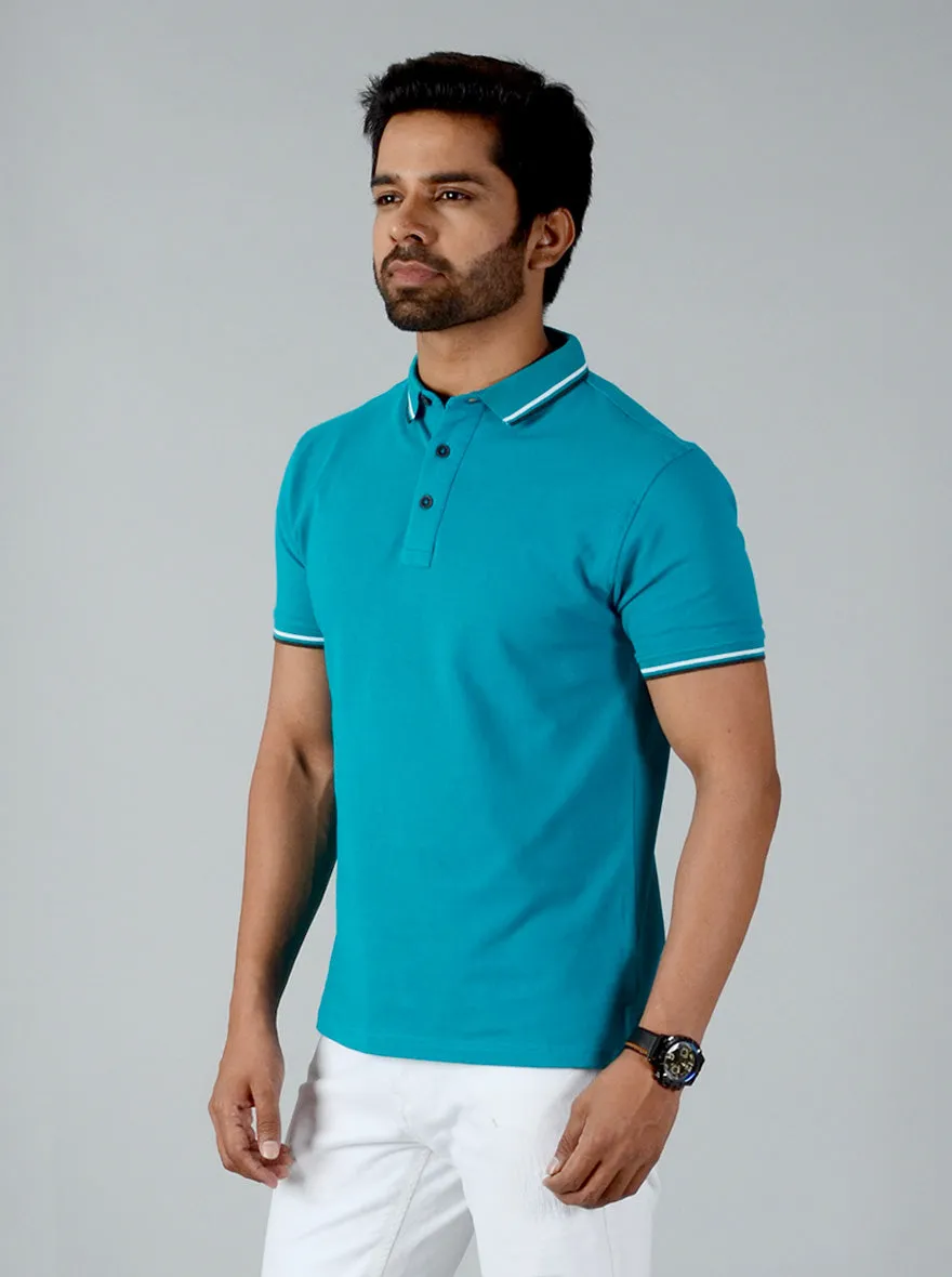 Electric Blue Solid Slim Fit Polo T-shirt | JadeBlue