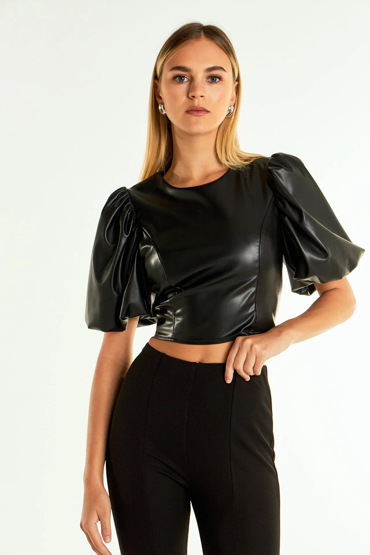 Endless Rose - Pu Puff Sleeve Cropped Top