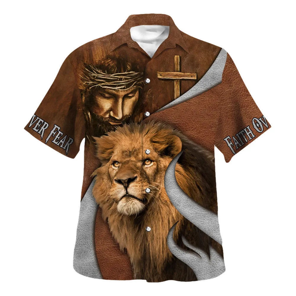 Faith Over Fear Jesus Lion Hawaiian Shirt - Christian Hawaiian Shirt - Religious Hawaiian Shirts