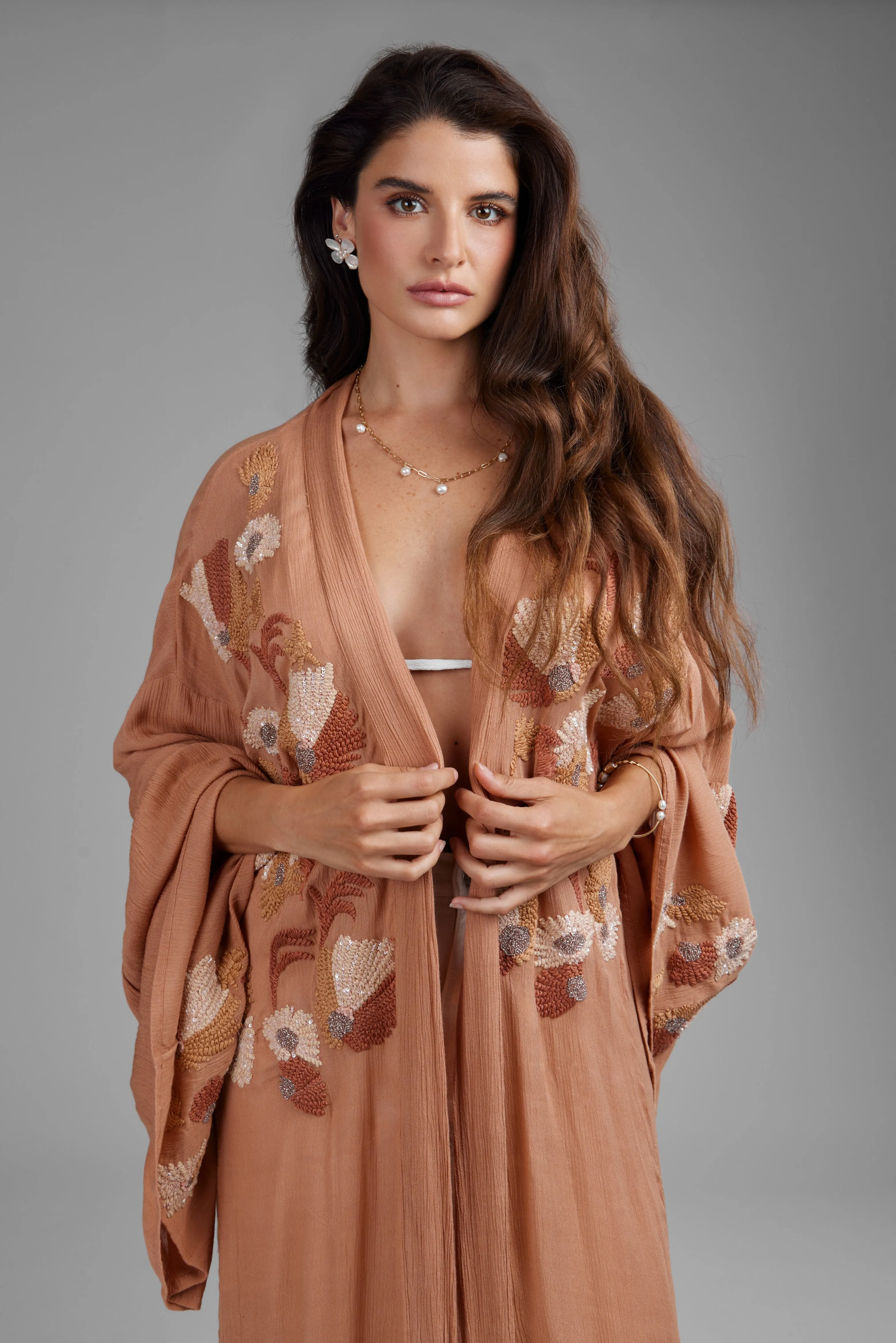 Floral Embellished Long Kimono