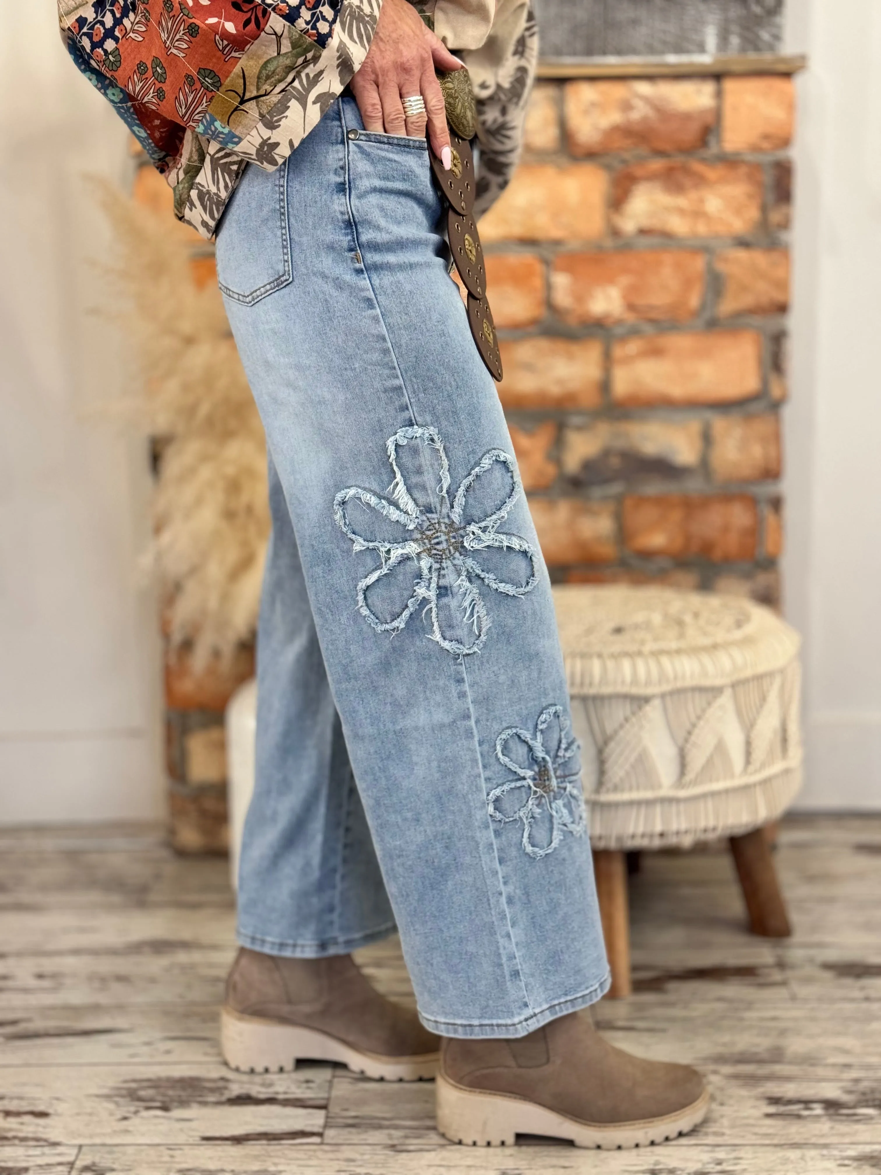 Flower Patch Wide Leg Cropped Jeans