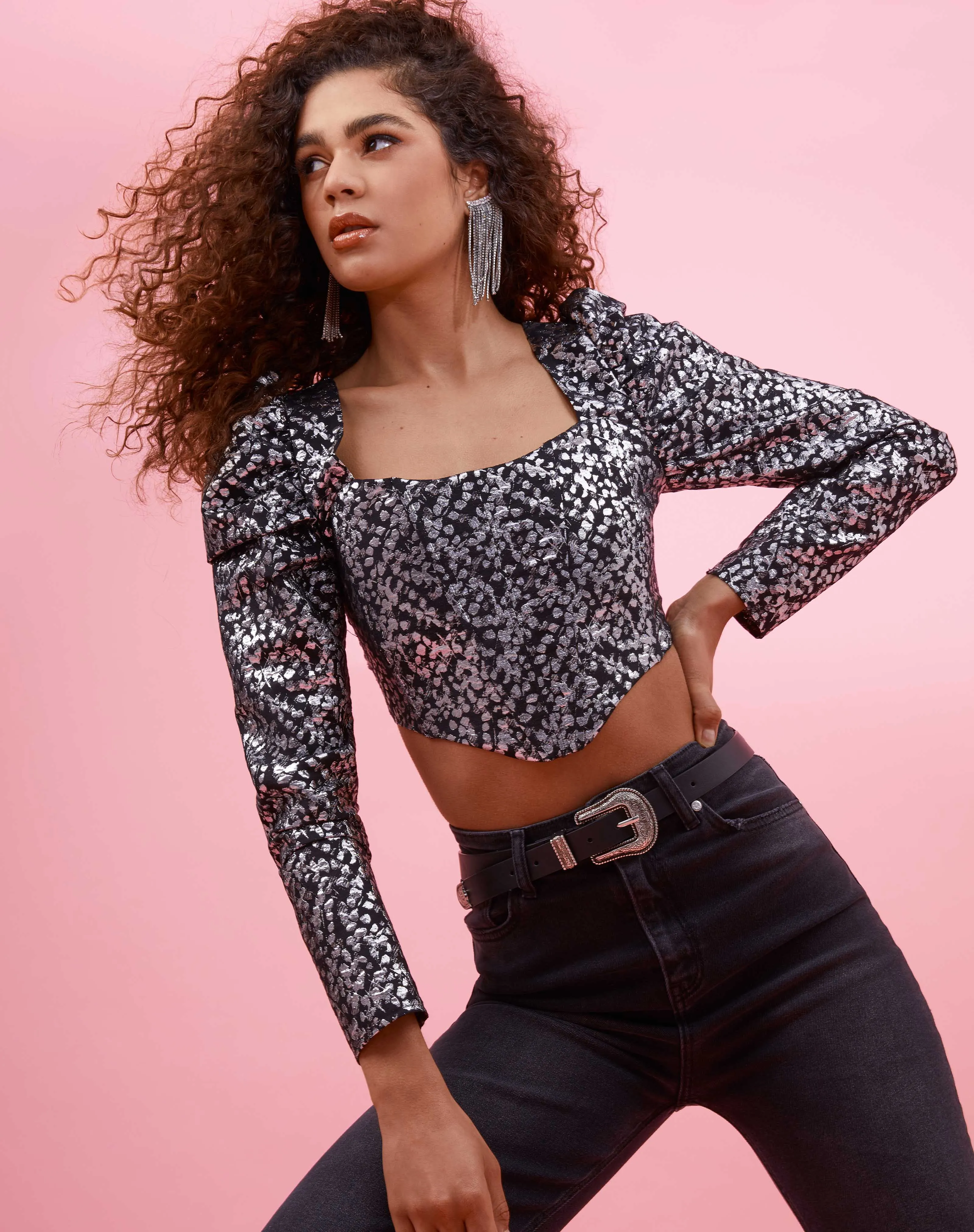 Foil Jacquard Long Sleeve Corset Crop in Silver Black | Rio