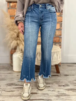 Front Seam Raw Edge Straight Leg Jeans