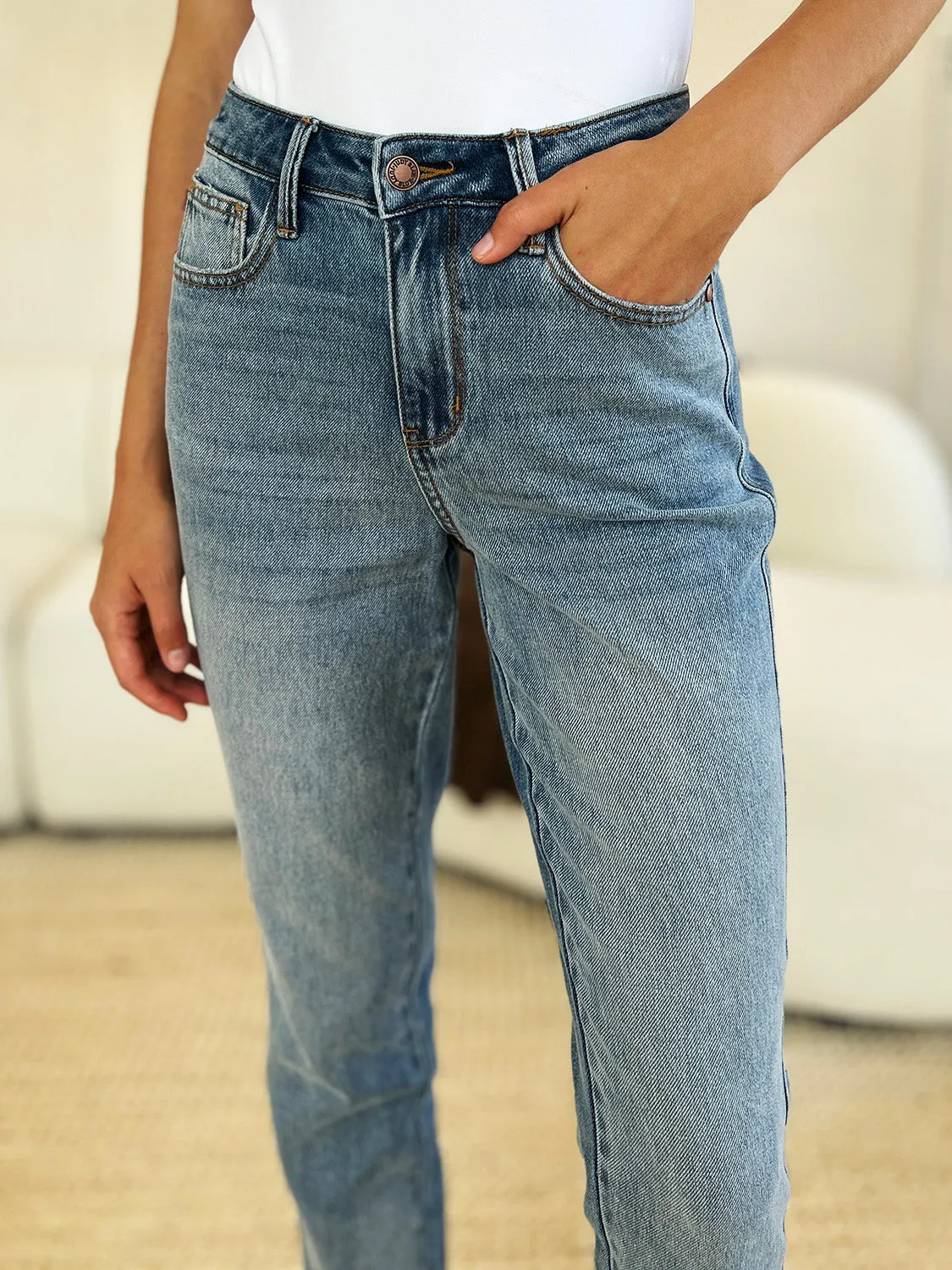 Full Size Mid Rise Rigid Magic Release Hem Jeans