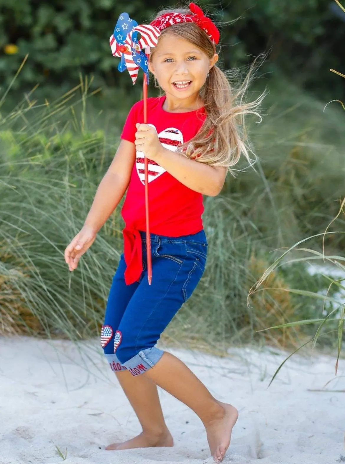 Girls 4th of July Themed Sequin Heart Applique Knot Top & Cuffed "Freedom" Jeans Set