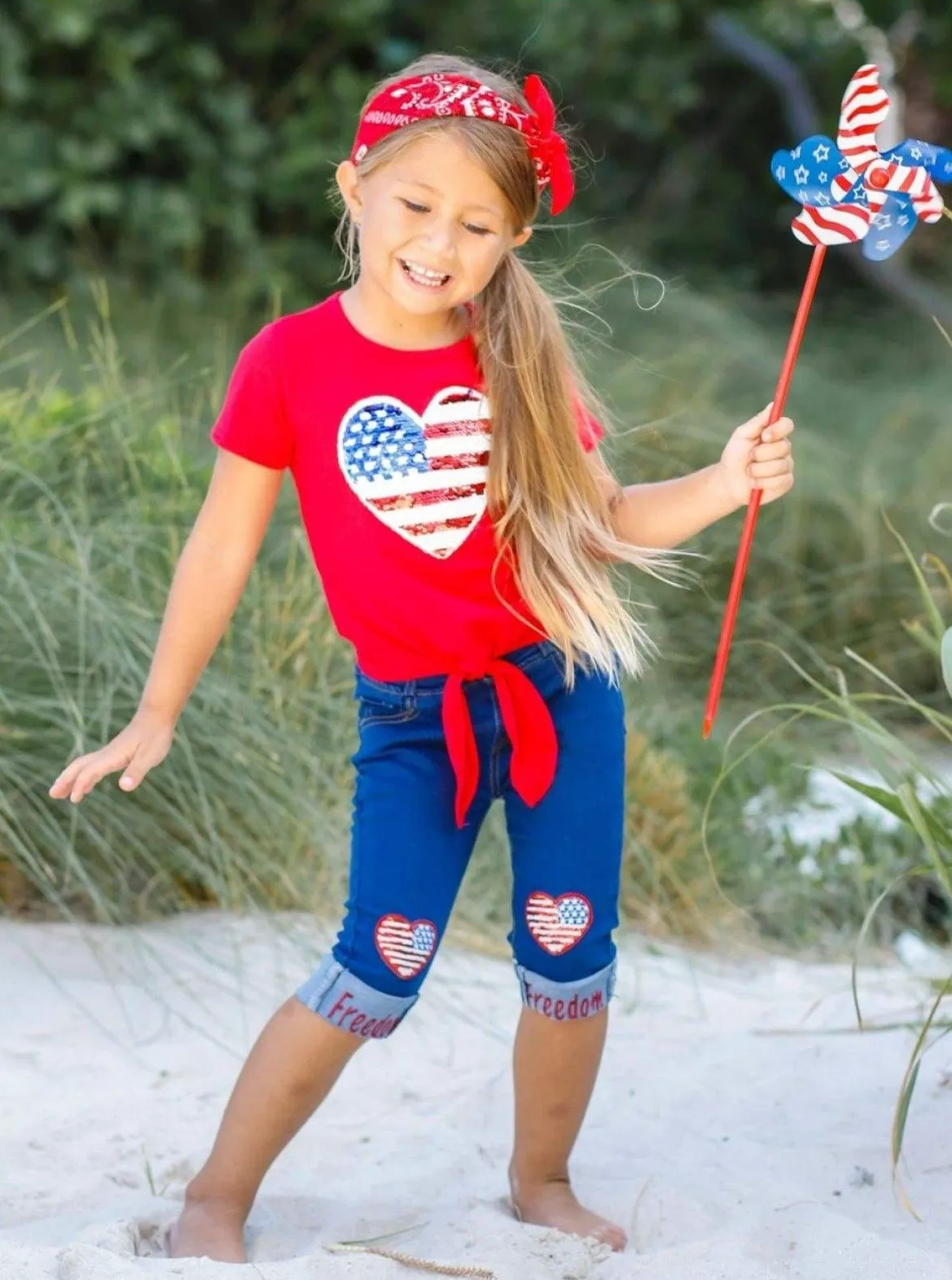 Girls 4th of July Themed Sequin Heart Applique Knot Top & Cuffed "Freedom" Jeans Set