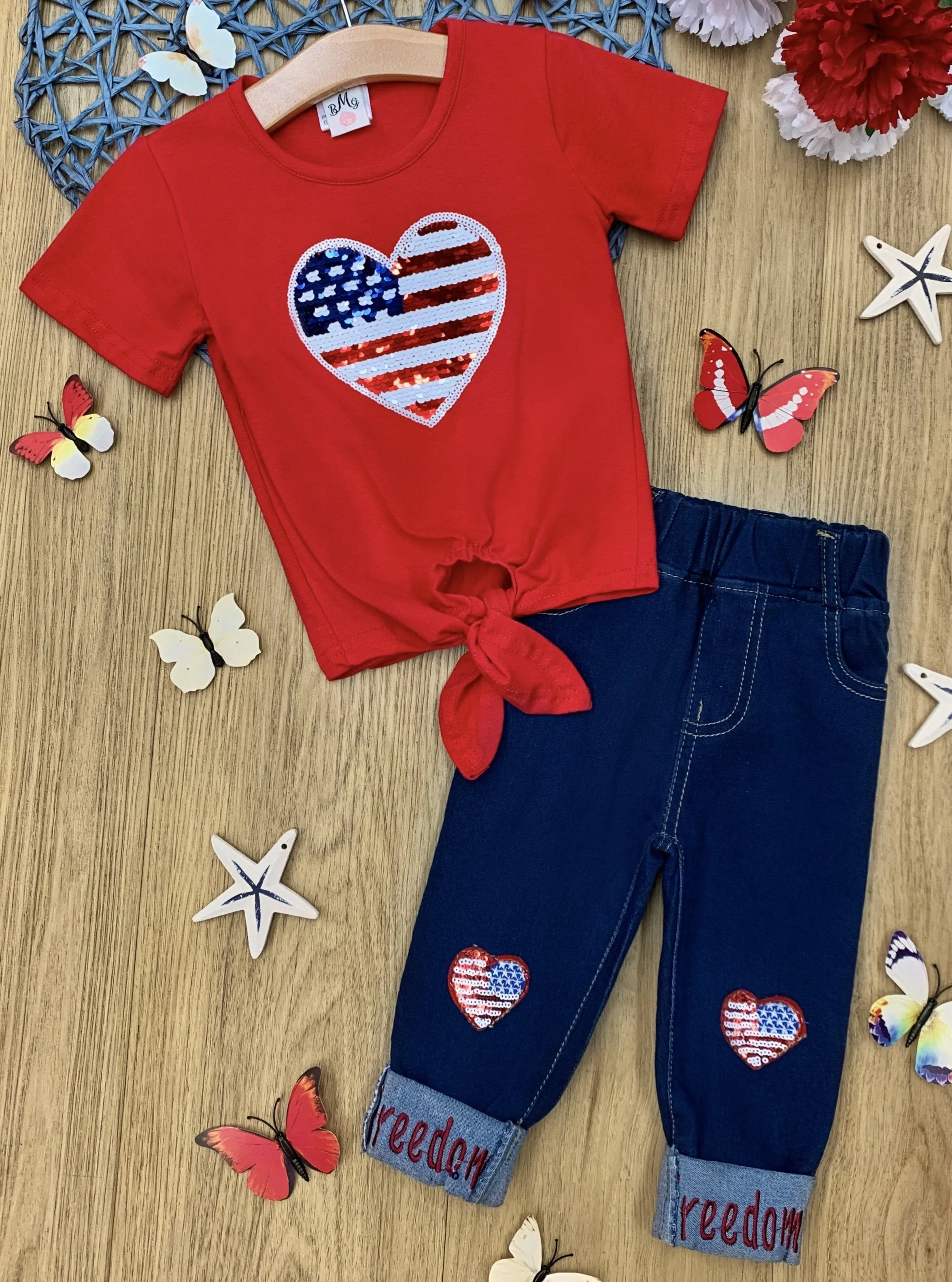 Girls 4th of July Themed Sequin Heart Applique Knot Top & Cuffed "Freedom" Jeans Set