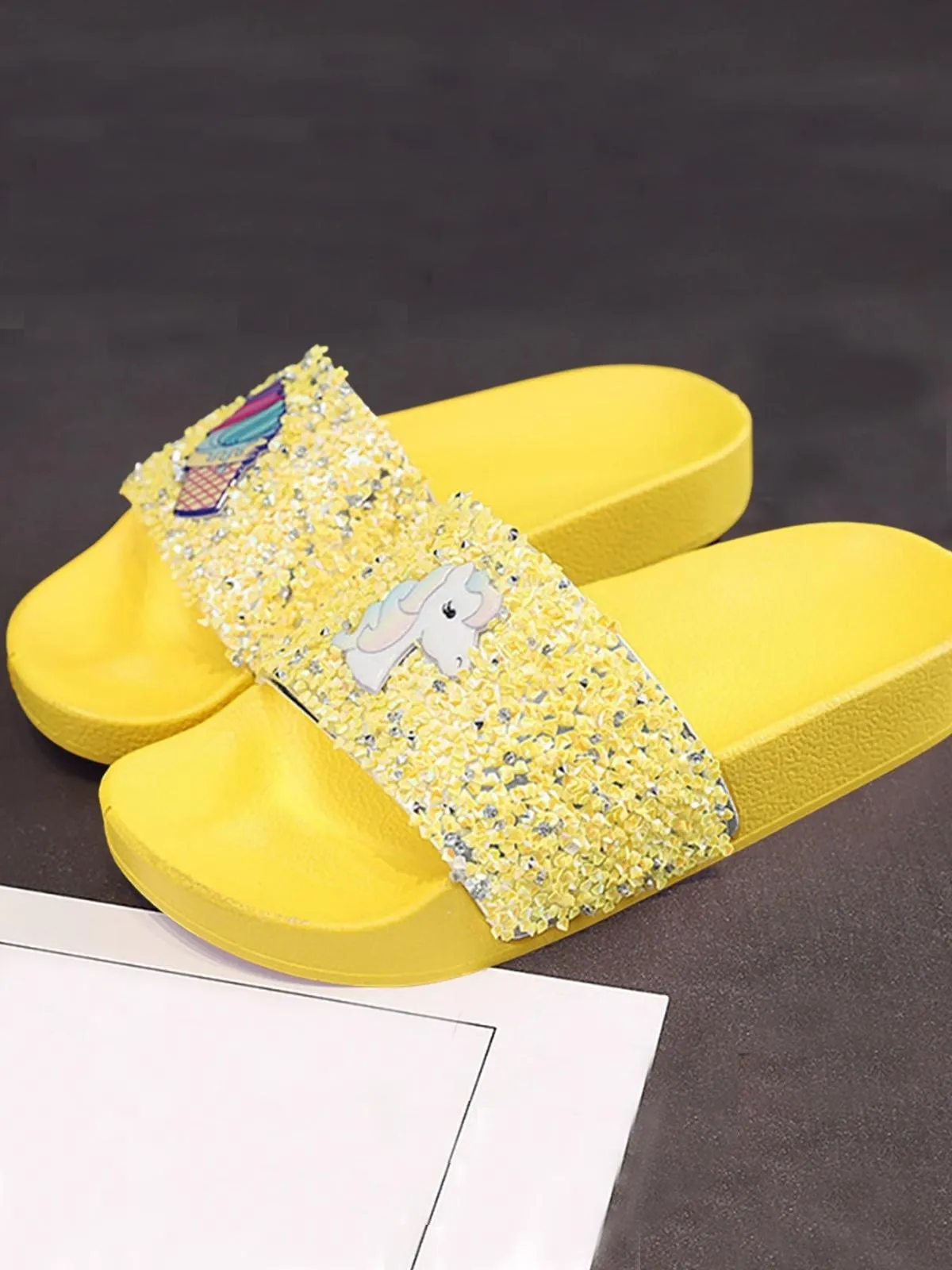 Girls Cute Sequin Pony Summer Slides By Liv and Mia