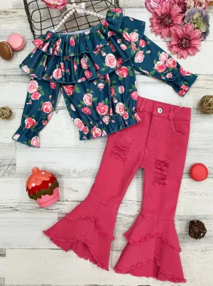 Girls Ruffled Flower Print Top and Bell-bottomed distressed Jeans Set