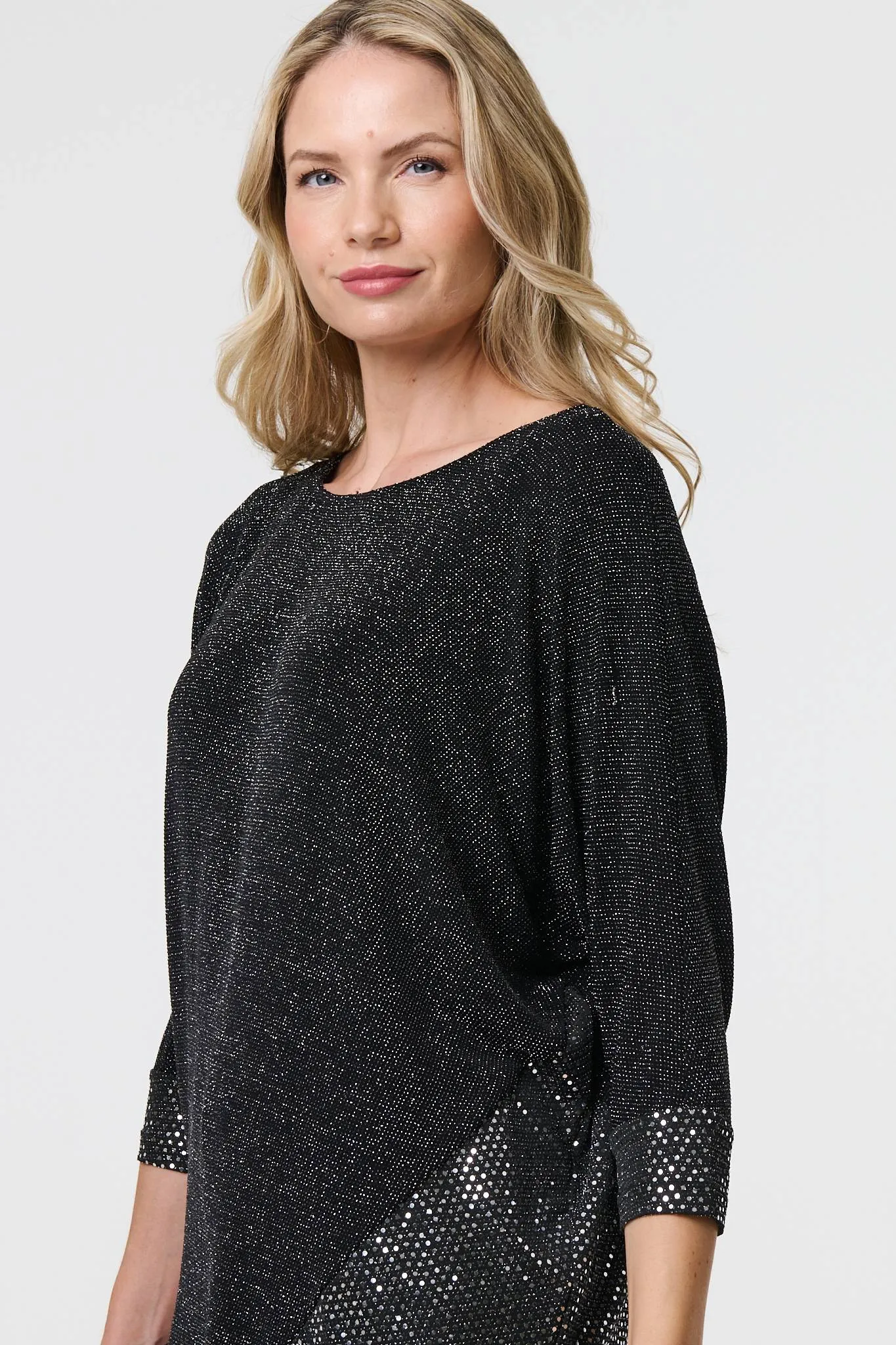 Glittery Metallic Trim 3/4 Sleeve Tunic