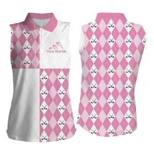 Golf addicted Womens sleeveless polo shirt custom pink white golf ball clubs pattern, team golf shirts