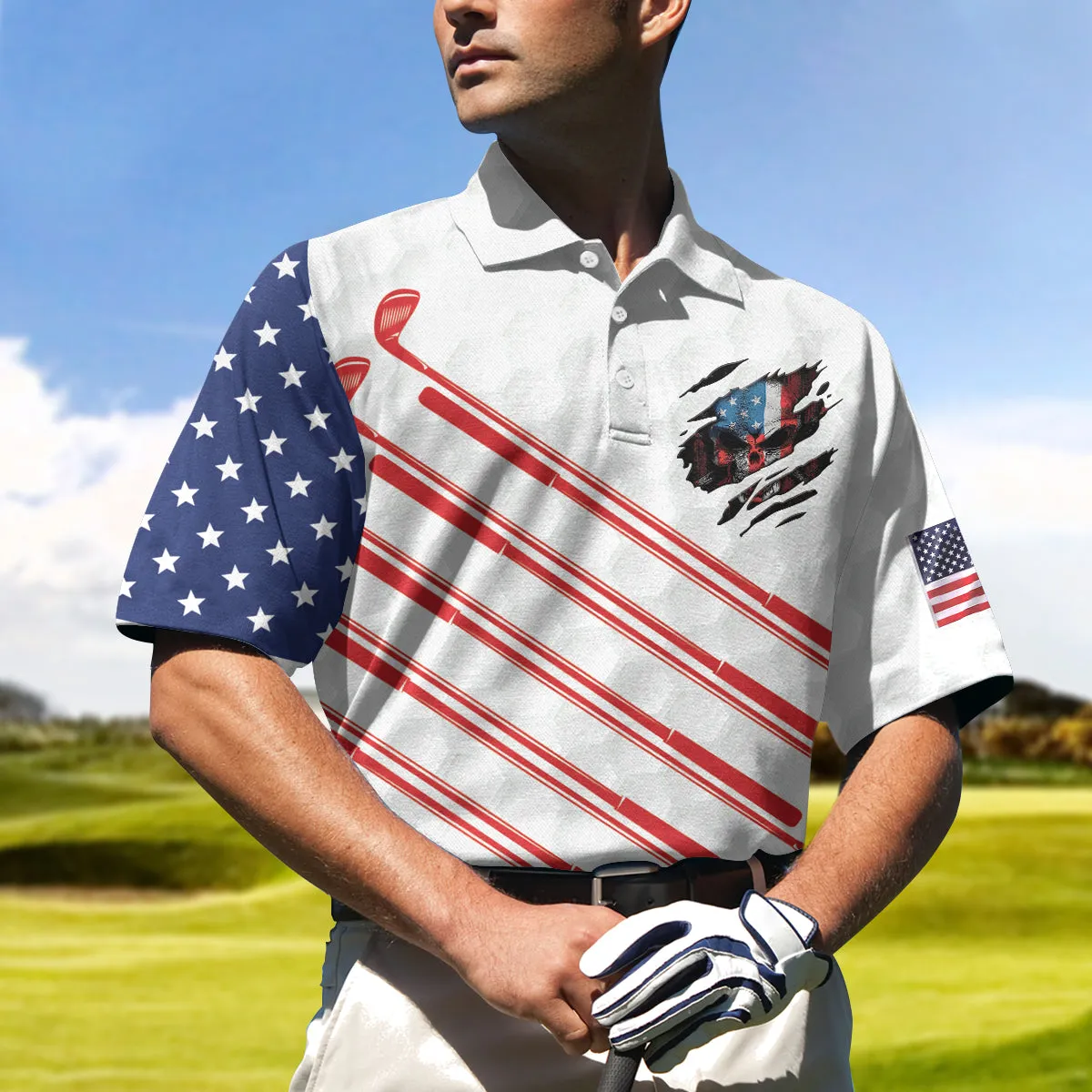 Golf American Flag Golf Club Skull Golf Polo Shirt, Ripped American Flag Polo Shirt, Patriotic Golf Shirt For Men Coolspod