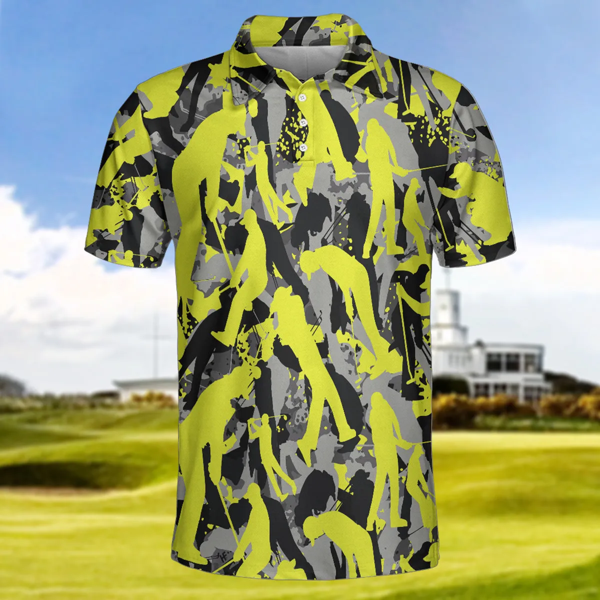 Golf Camo Light Green Pattern Golf Polo Shirt, Yellow Silhouette Golfing Polo Shirt, Camouflage Golf Shirt For Men Coolspod