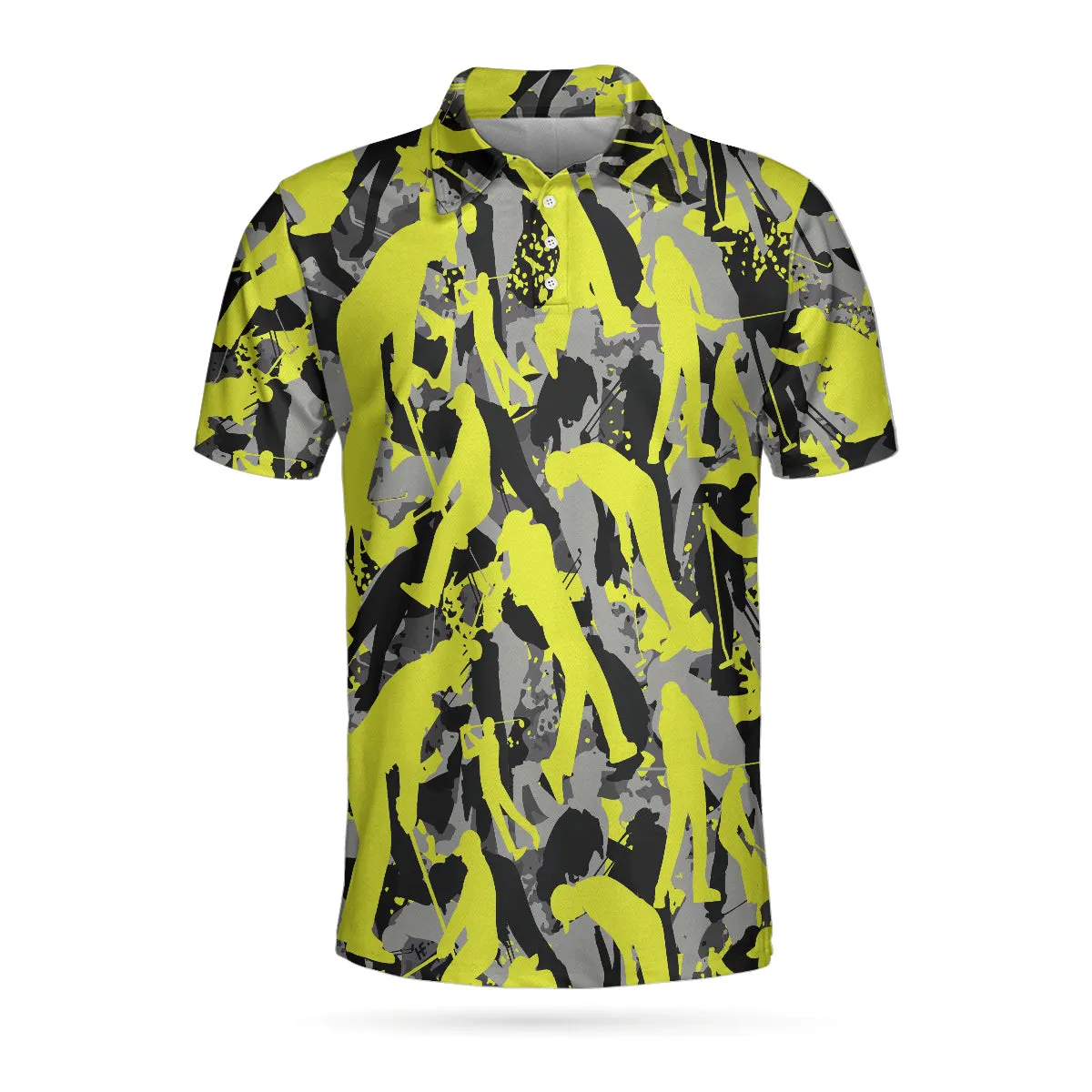 Golf Camo Light Green Pattern Golf Polo Shirt, Yellow Silhouette Golfing Polo Shirt, Camouflage Golf Shirt For Men Coolspod