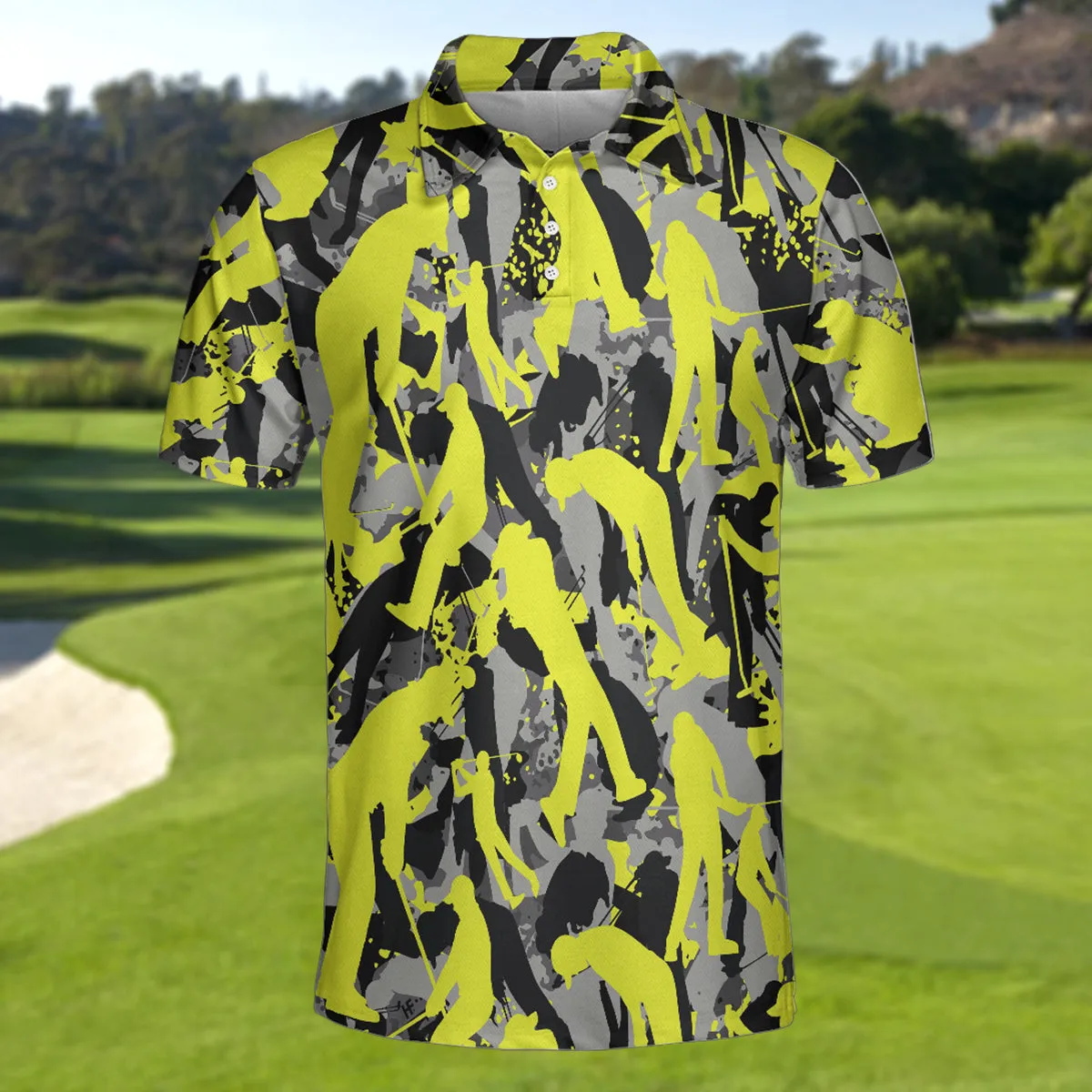 Golf Camo Light Green Pattern Golf Polo Shirt, Yellow Silhouette Golfing Polo Shirt, Camouflage Golf Shirt For Men Coolspod