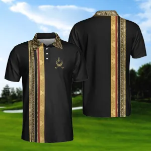 Golf Crusader King Luxury Baroque Pattern Golf Polo Shirt, Elegant Black Golfing Polo Shirt, Best Golf Shirt For Men Coolspod