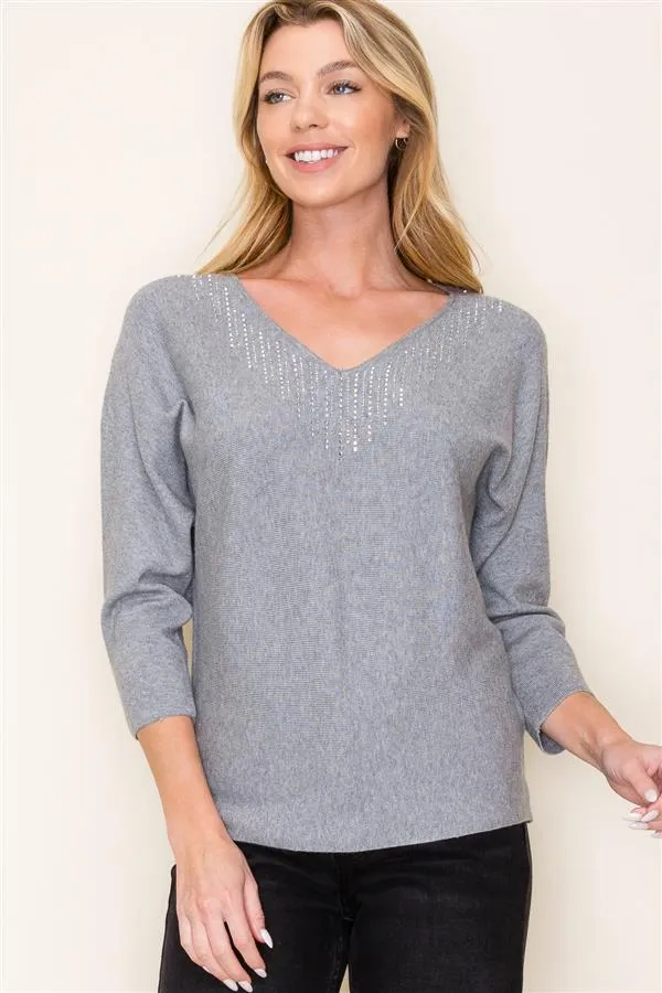 Gray Rhinestone Dolman 3/4 Sleeve Top