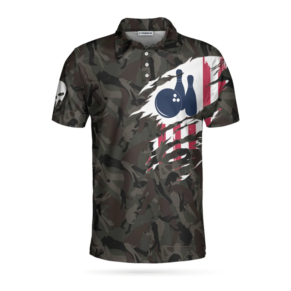 Hand Instruction American Flag Camouflage Bowling Polo Shirt, Camo Bowling Shirt For Men Coolspod