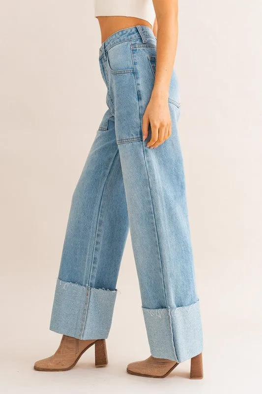 High-Waisted Wide Leg Cuffed Jeans -online exclusive