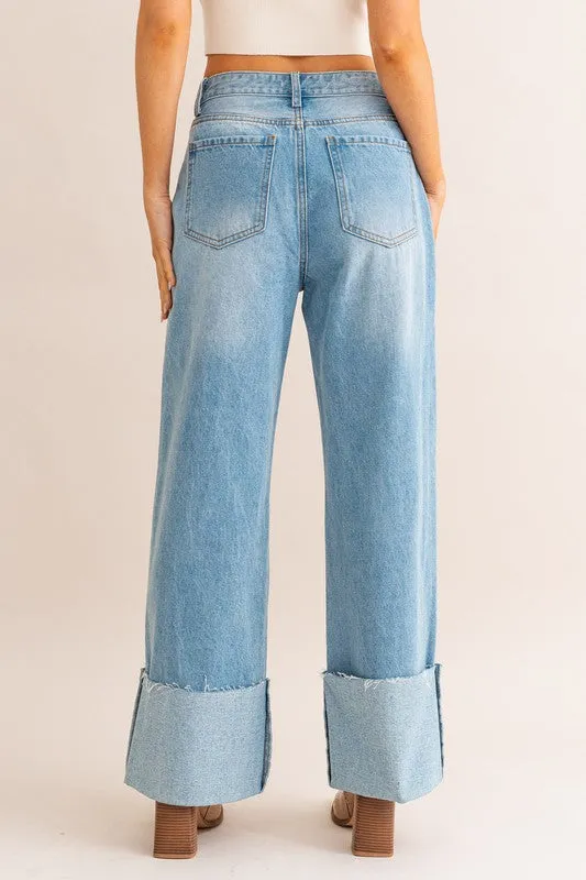 High-Waisted Wide Leg Cuffed Jeans -online exclusive