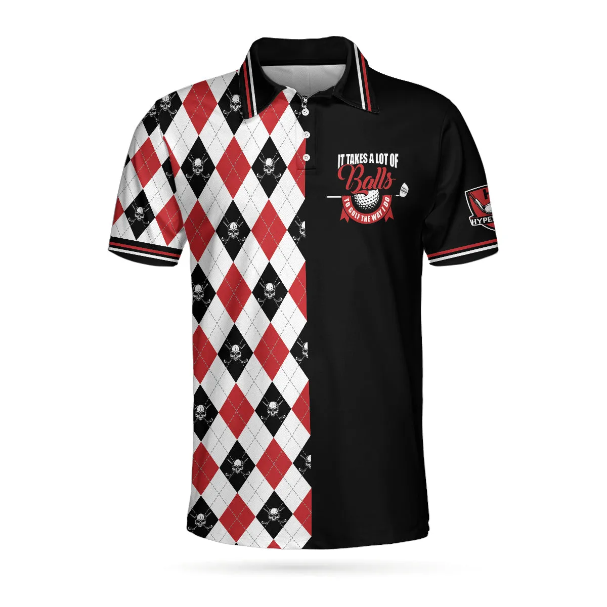 It Takes A Lot Of Balls Red Black And White Pattern Polo Shirt, Argyle Pattern Skull Golf Shirt For Men Coolspod