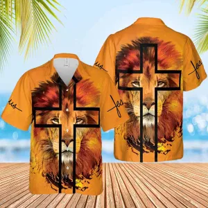 Jesus Lion Cross Portrait Hawaiian Shirt - Christian Hawaiian Shirts For Women Men