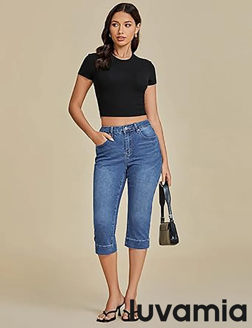 LUVAMIA Women Skinny Capri High Rise Denim Stretch Cropped Jeans