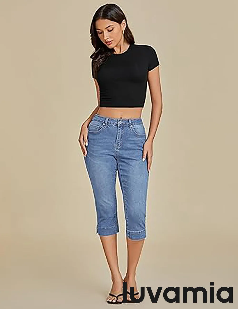 LUVAMIA Women Skinny Capri High Rise Denim Stretch Cropped Jeans