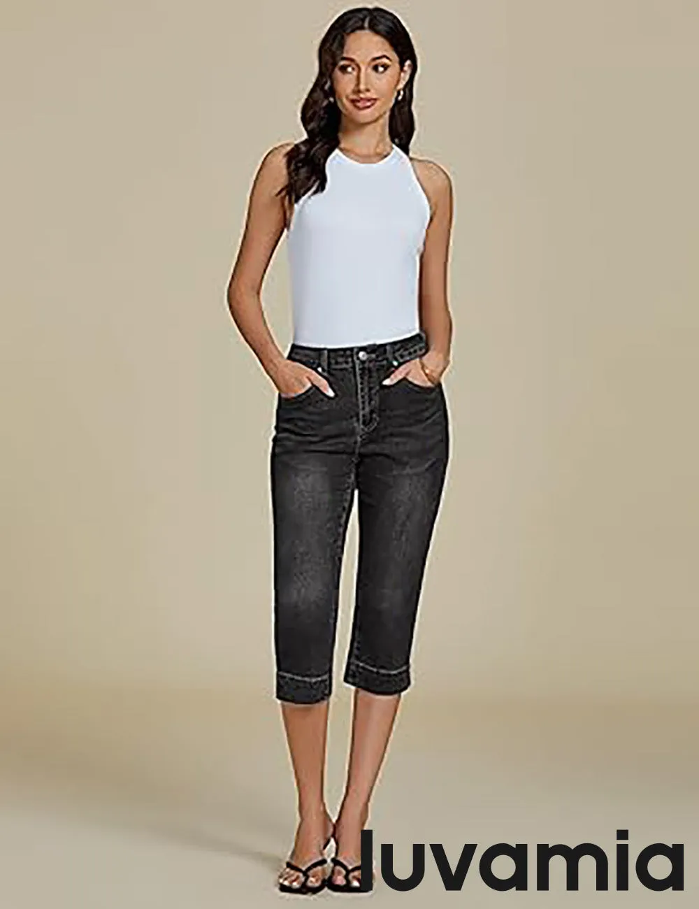 LUVAMIA Women Skinny Capri High Rise Denim Stretch Cropped Jeans