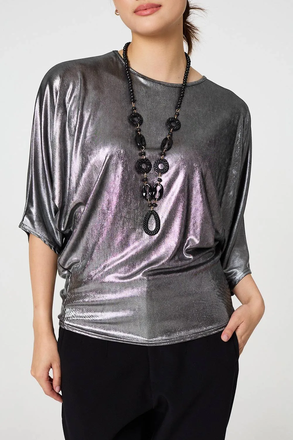 Metallic 3/4 Batwing Sleeve Top