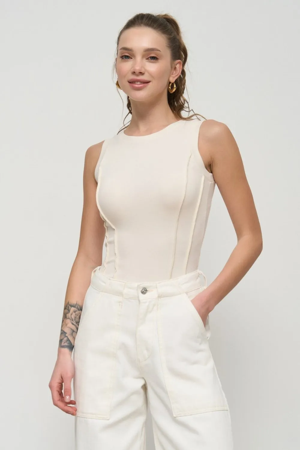 Milk Ribbed Seam Detail Top