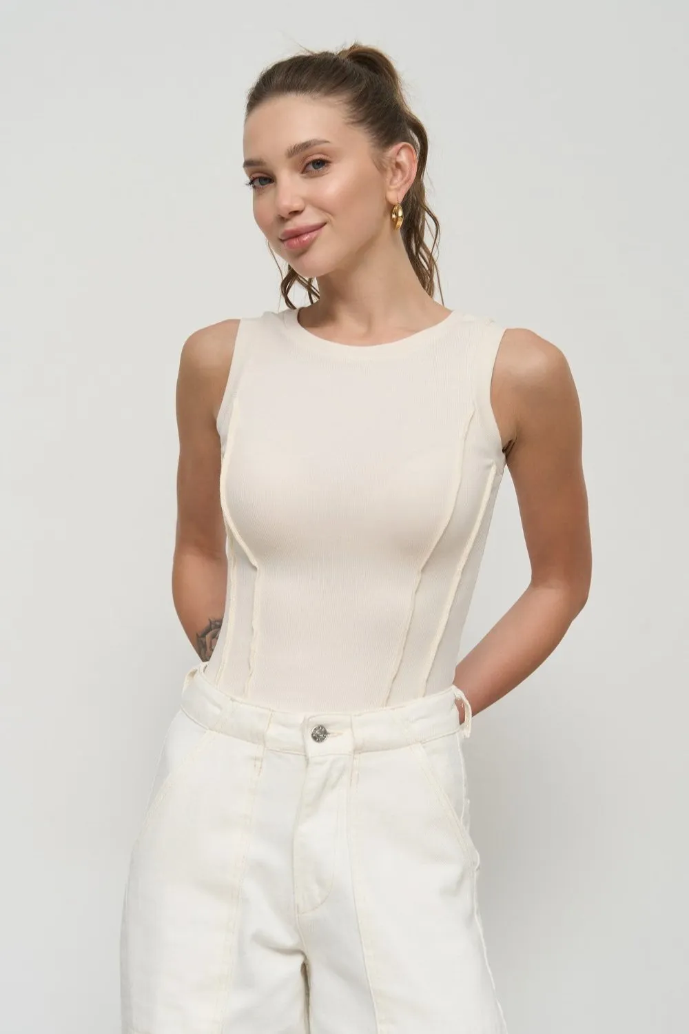 Milk Ribbed Seam Detail Top