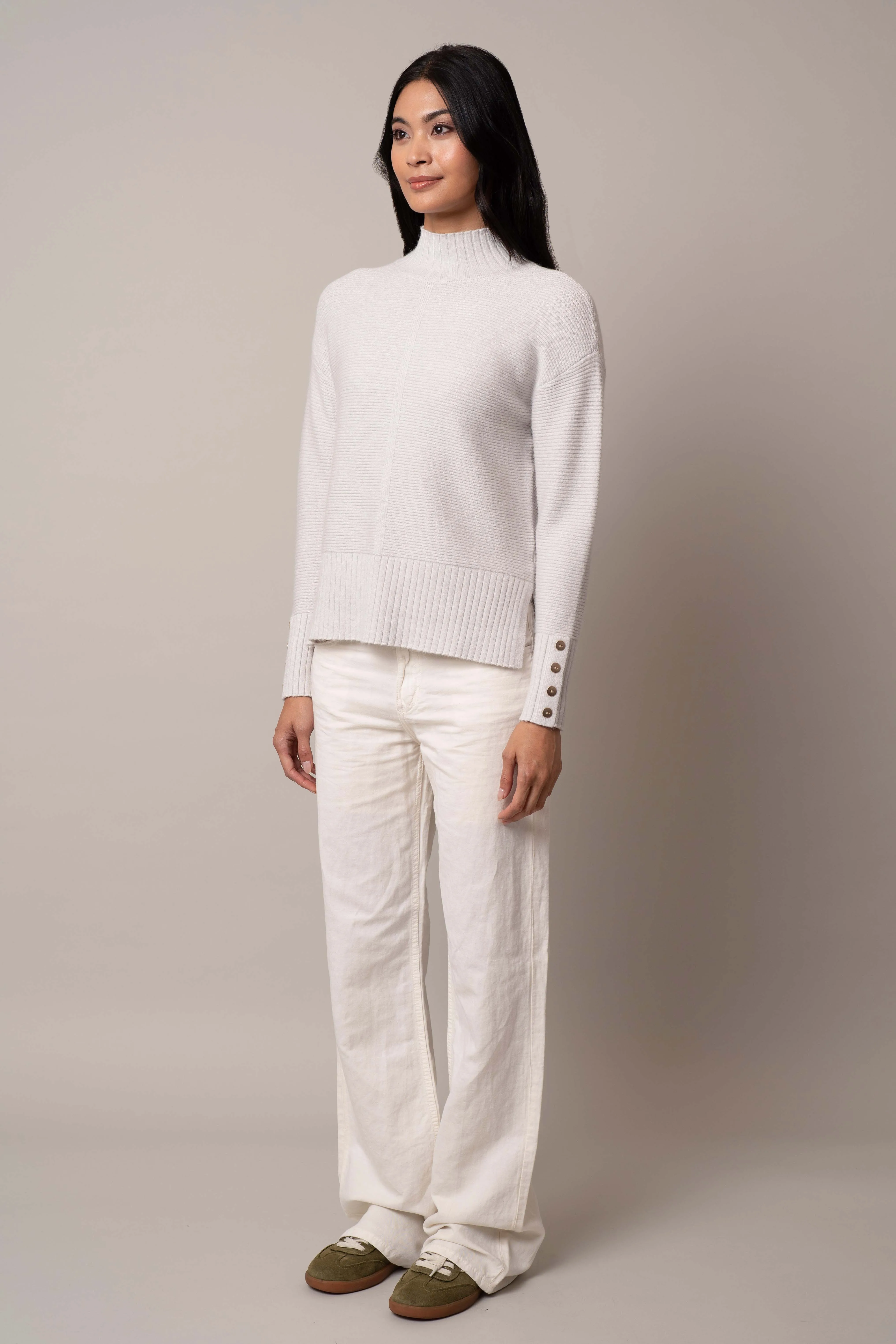 Mock Neck Pullover with Button Cuff