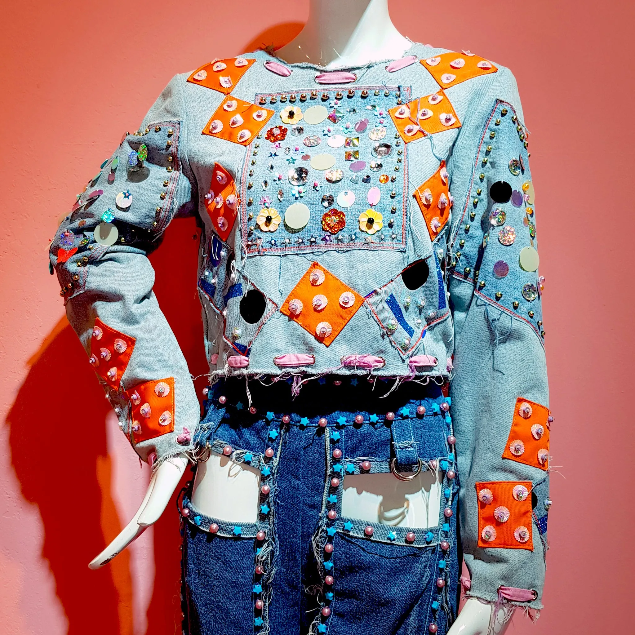 Multi Sequins Denim Top