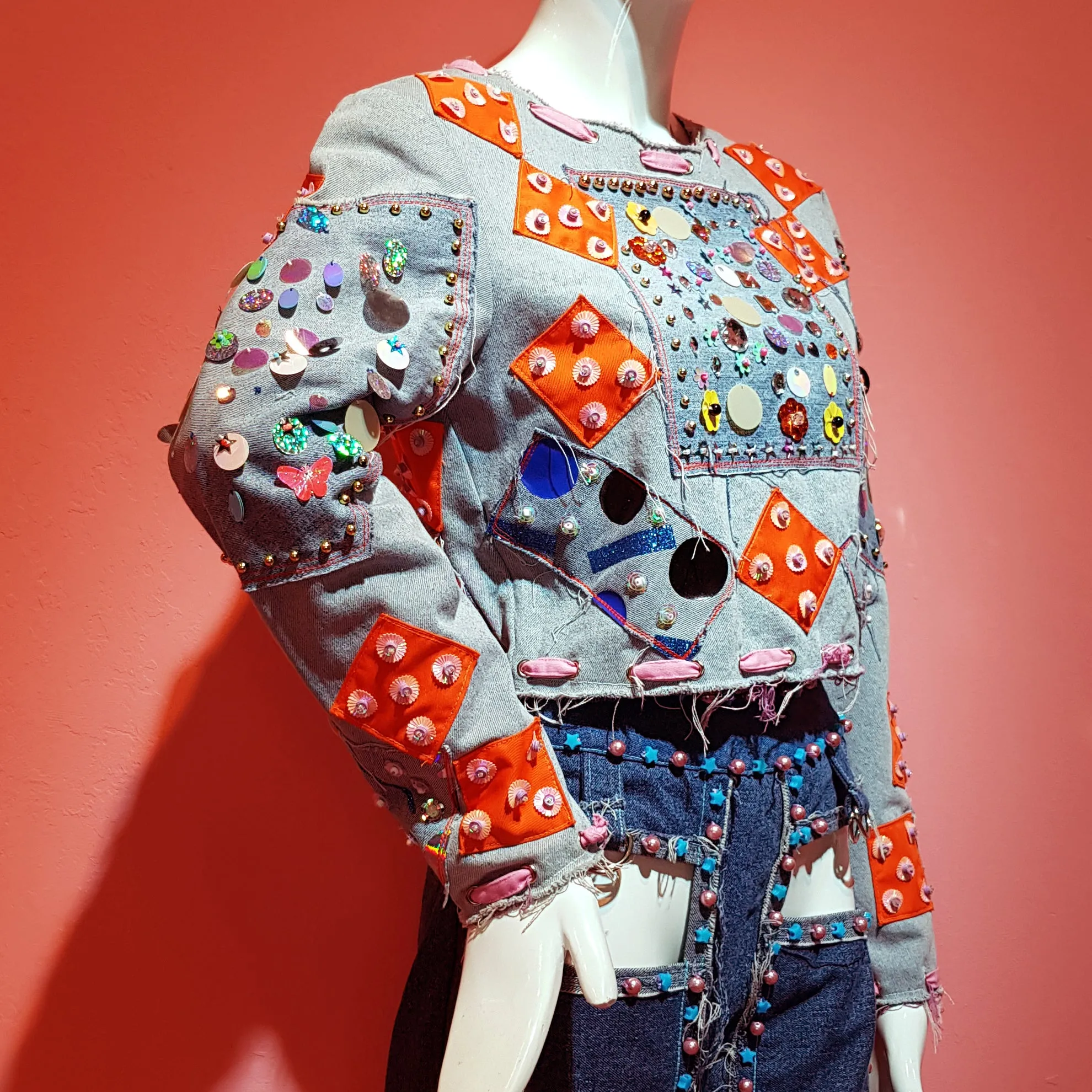 Multi Sequins Denim Top