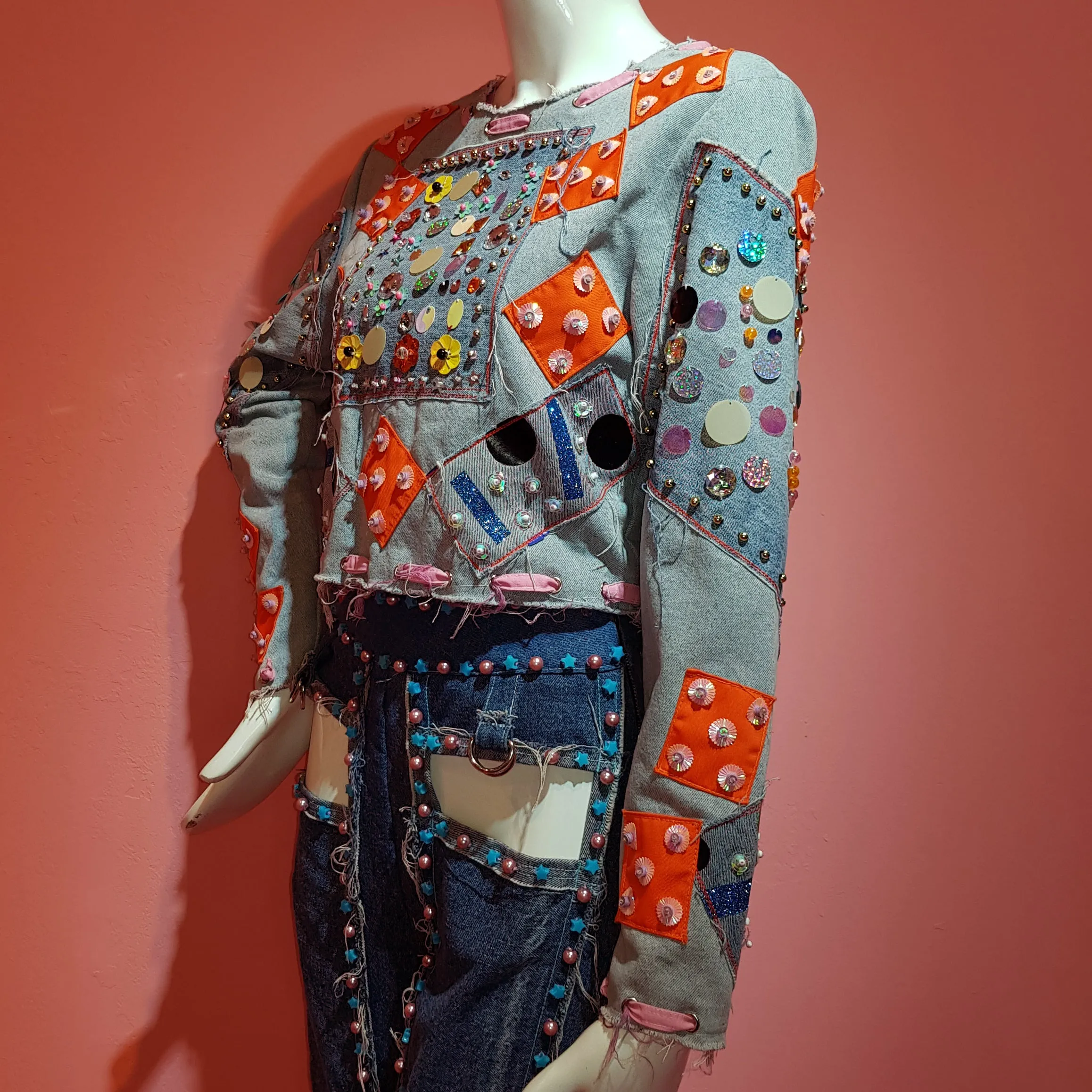 Multi Sequins Denim Top