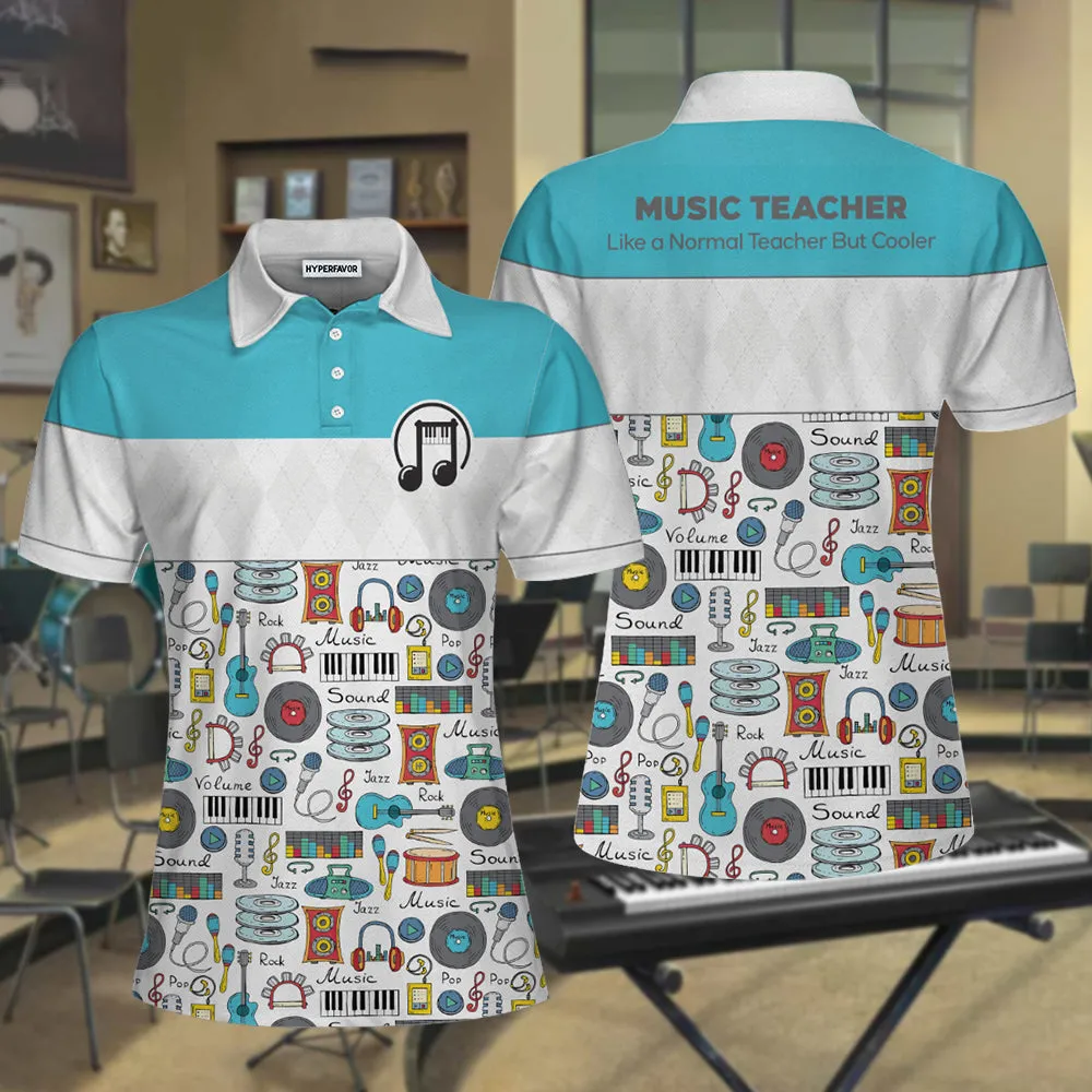 Music Teacher Short Sleeve Women Polo Shirt, White And Blue Music Pattern Shirt For Women, Gift For Music Teachers Coolspod