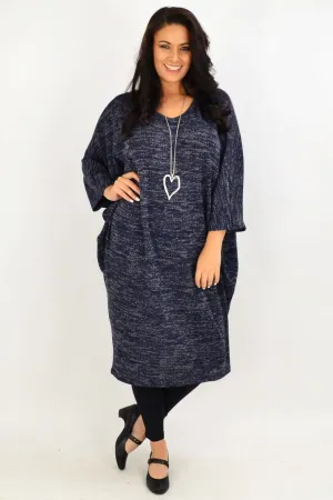 Navy Blue Textured Knit Tunic Dress