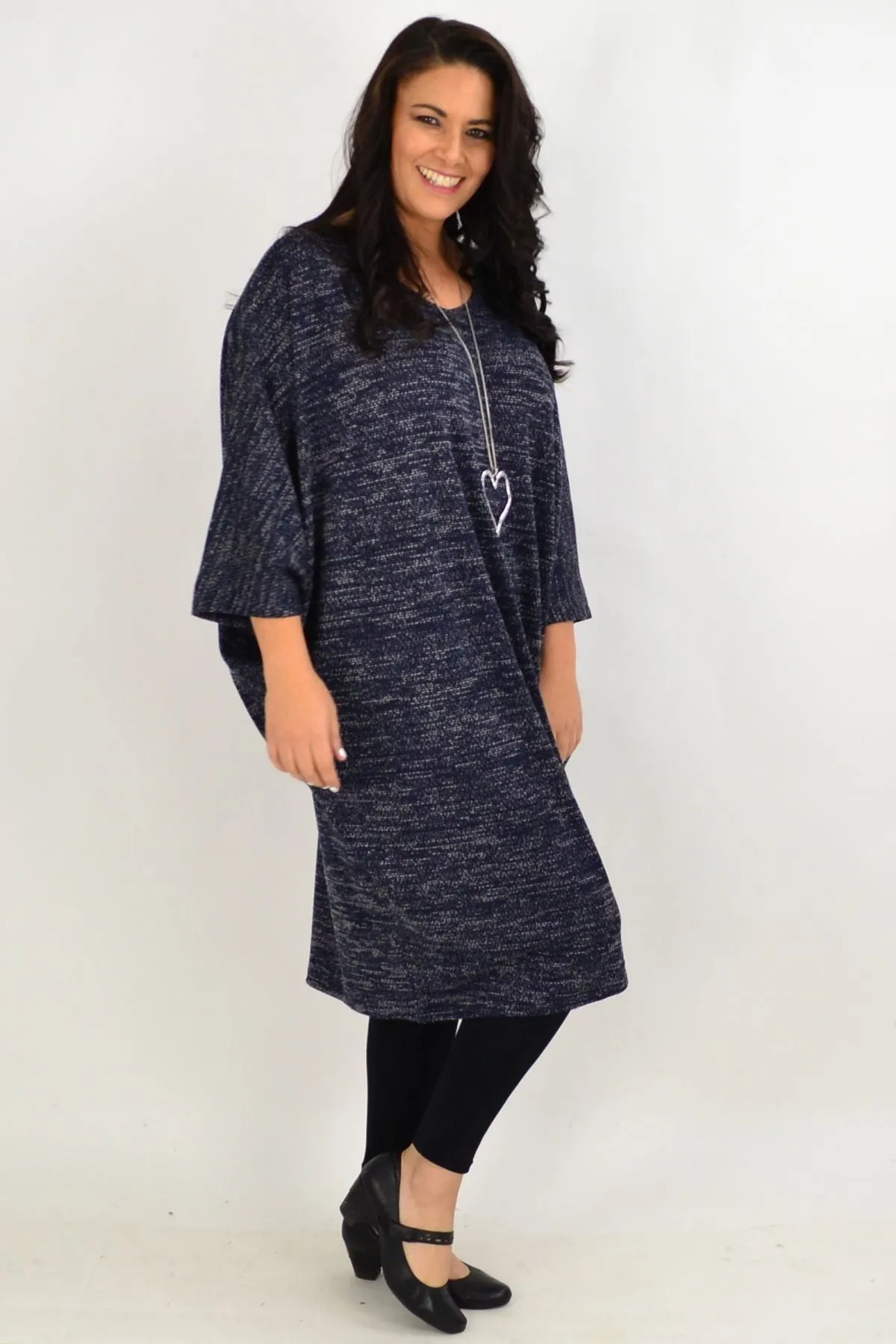 Navy Blue Textured Knit Tunic Dress