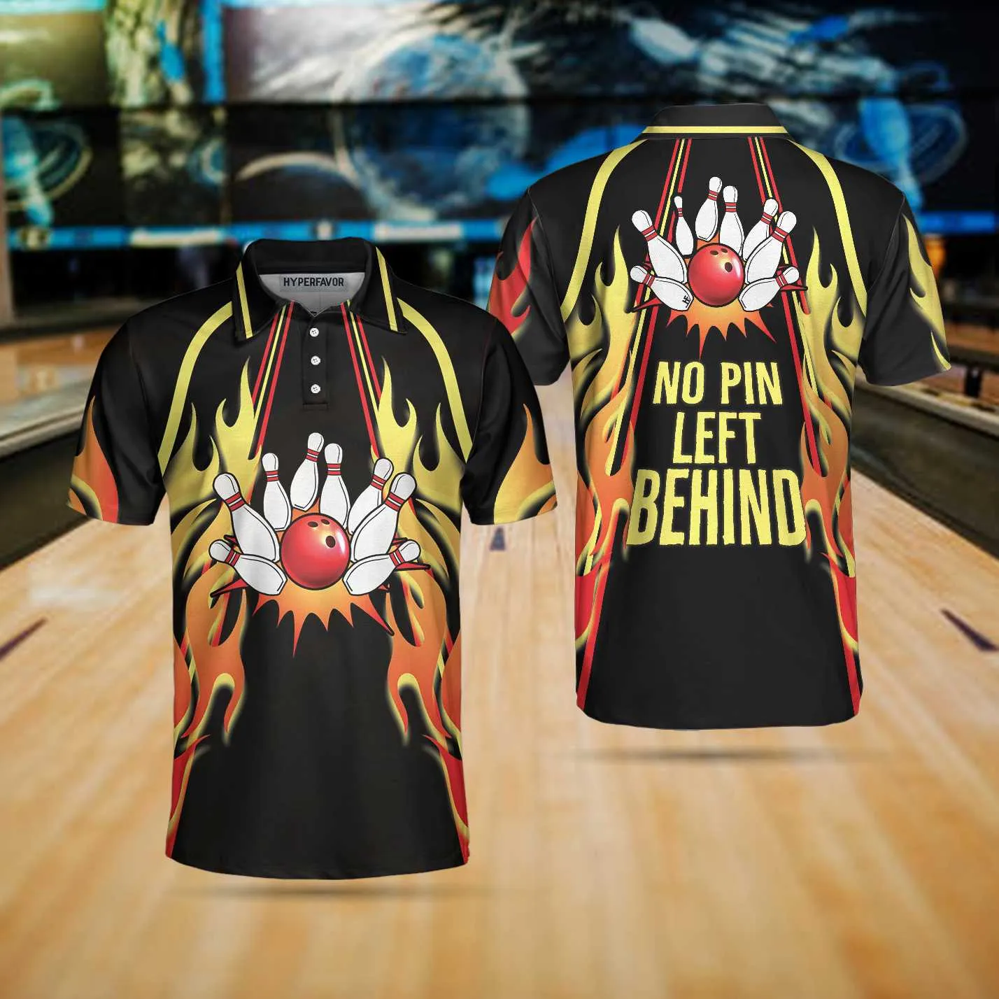 No Pin Left Behind Bowling Polo Shirt, Black Shirt With Flames, Polo Style Bowling Shirt For Men Coolspod