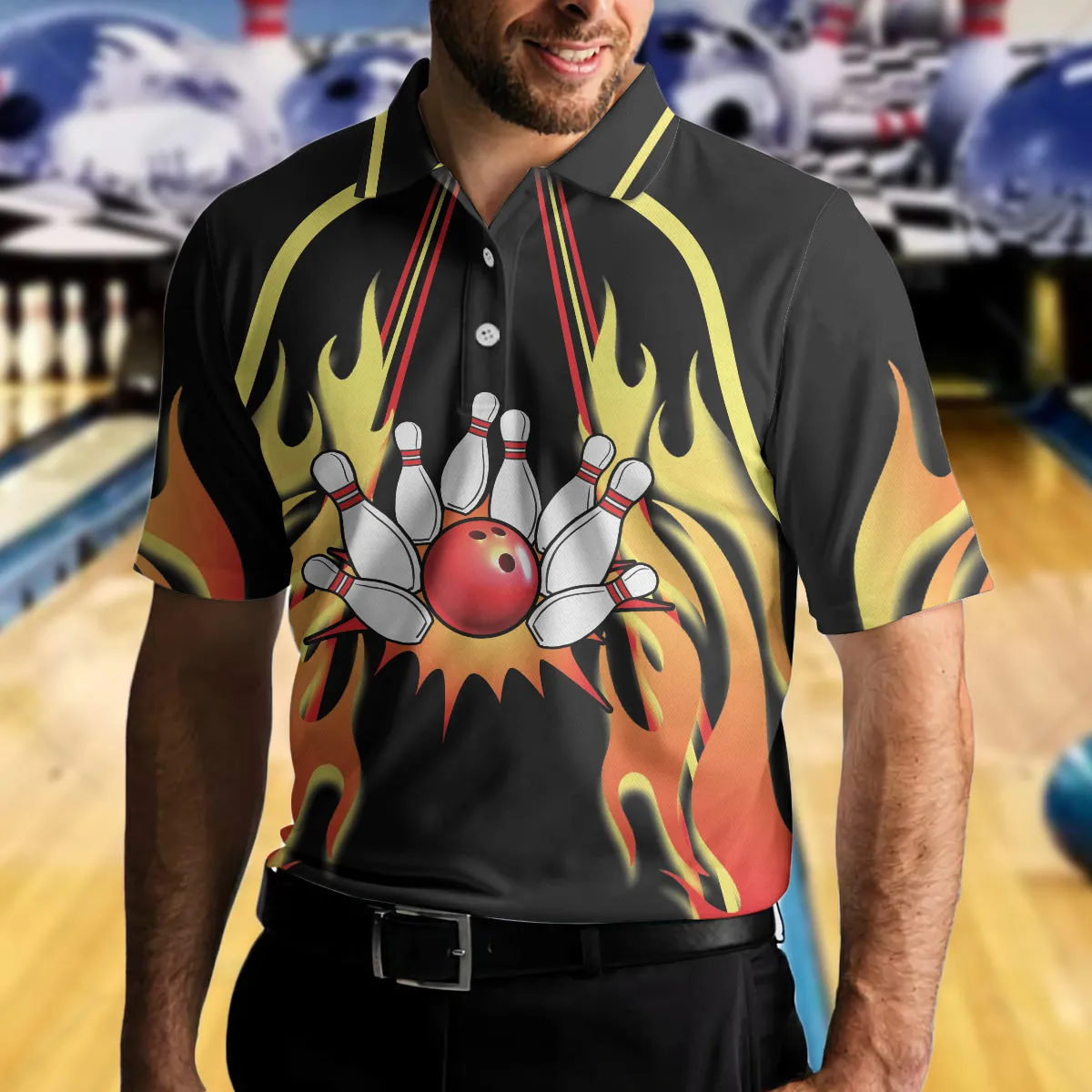 No Pin Left Behind Bowling Polo Shirt, Black Shirt With Flames, Polo Style Bowling Shirt For Men Coolspod