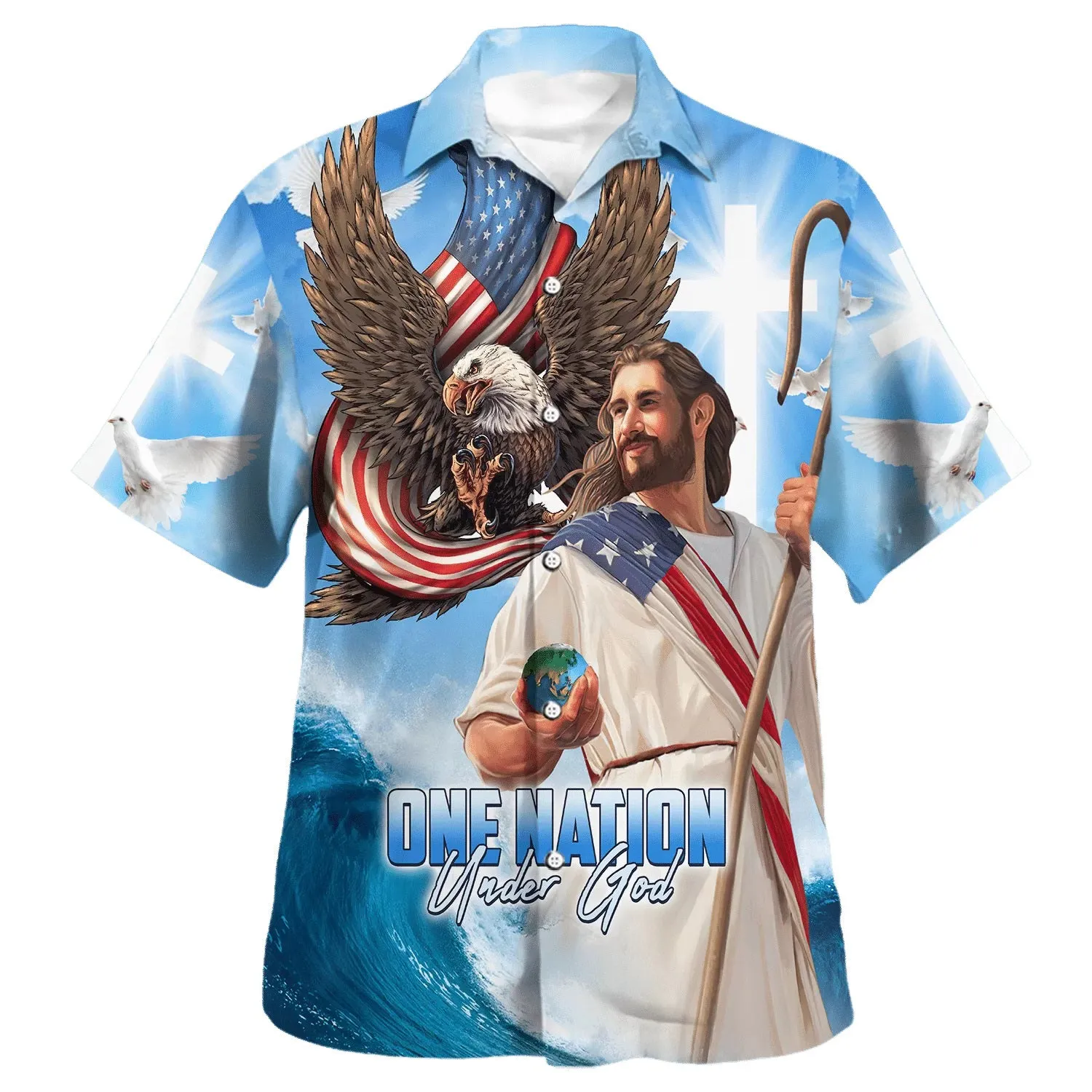 One Nation Under God Jesus Eagle American Hawaiian Shirt - Christian Hawaiian Shirt - Religious Hawaiian Shirts