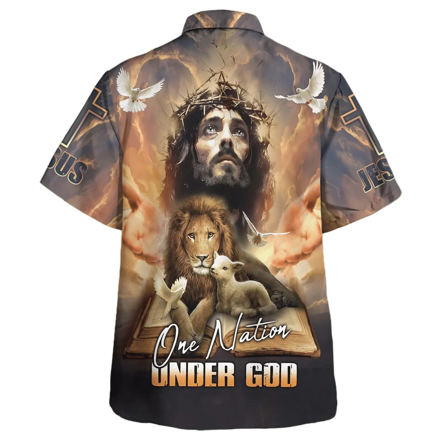 One Nation Under God Jesus Lion Cross Hawaiian Shirt - Christian Hawaiian Shirt - Religious Hawaiian Shirts