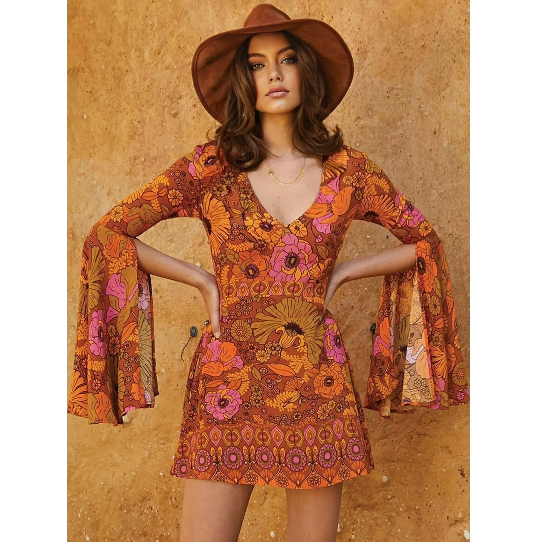 Orange Floral Flare Sleeve Jupiter Dress