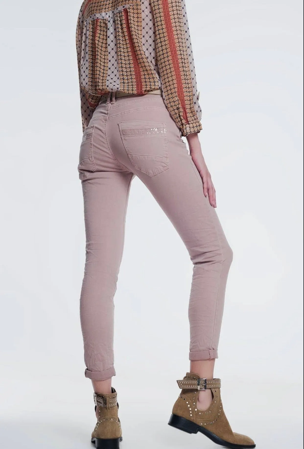 Pale Pink Skinny Jeans with Sequins