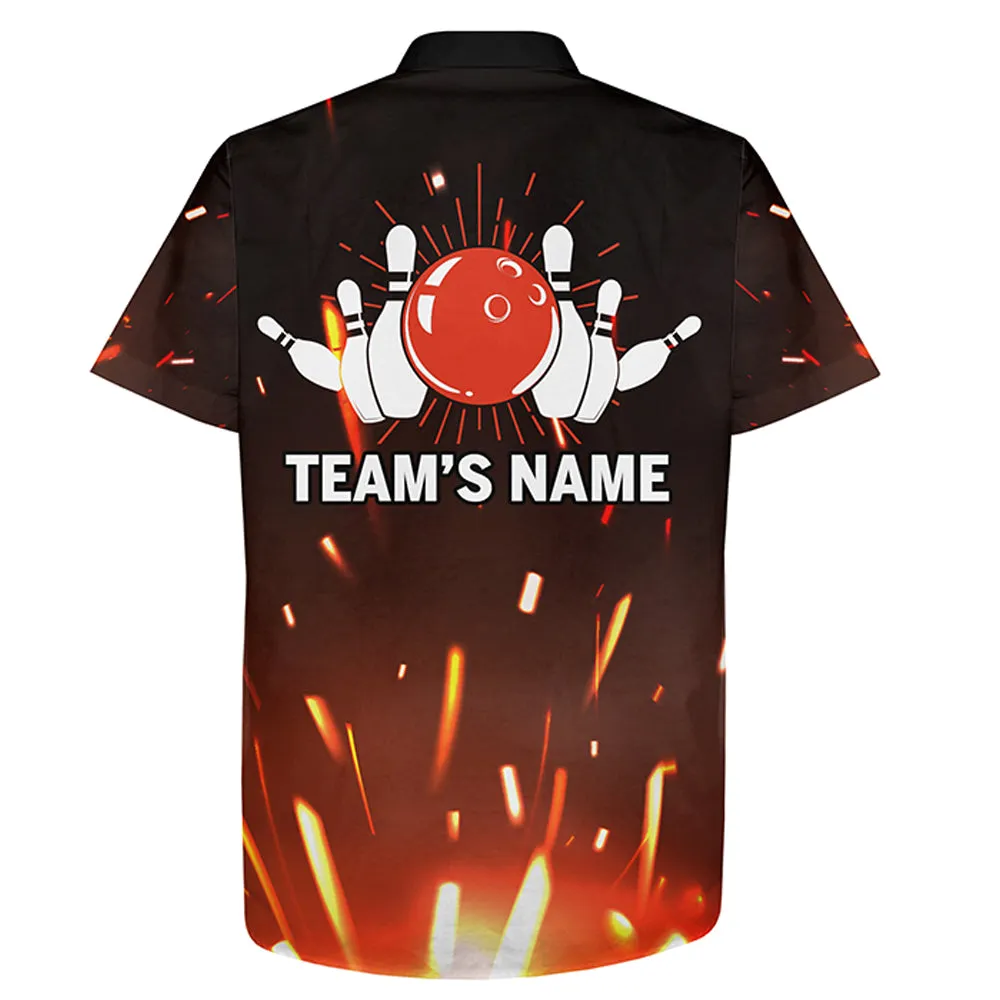 Personalized Hawaiian Bowling Shirt Flame, Bowling Ball and Pins Short Sleeve Team Bowlers Jersey