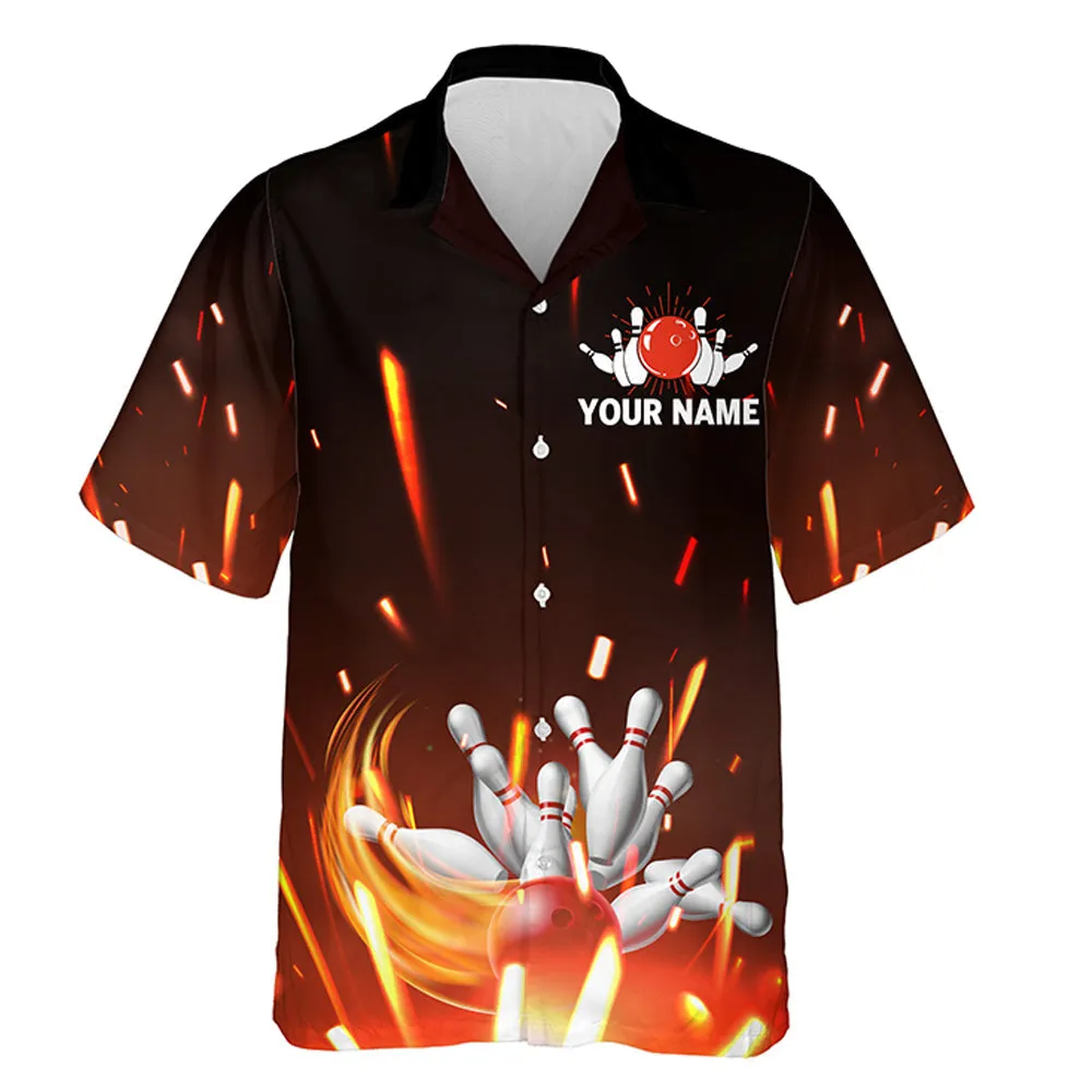 Personalized Hawaiian Bowling Shirt Flame, Bowling Ball and Pins Short Sleeve Team Bowlers Jersey