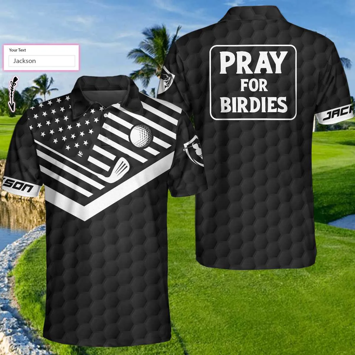 Pray For Birdie Golf Custom Polo Shirt, Personalized Black American Flag Golf Shirt For Men Coolspod