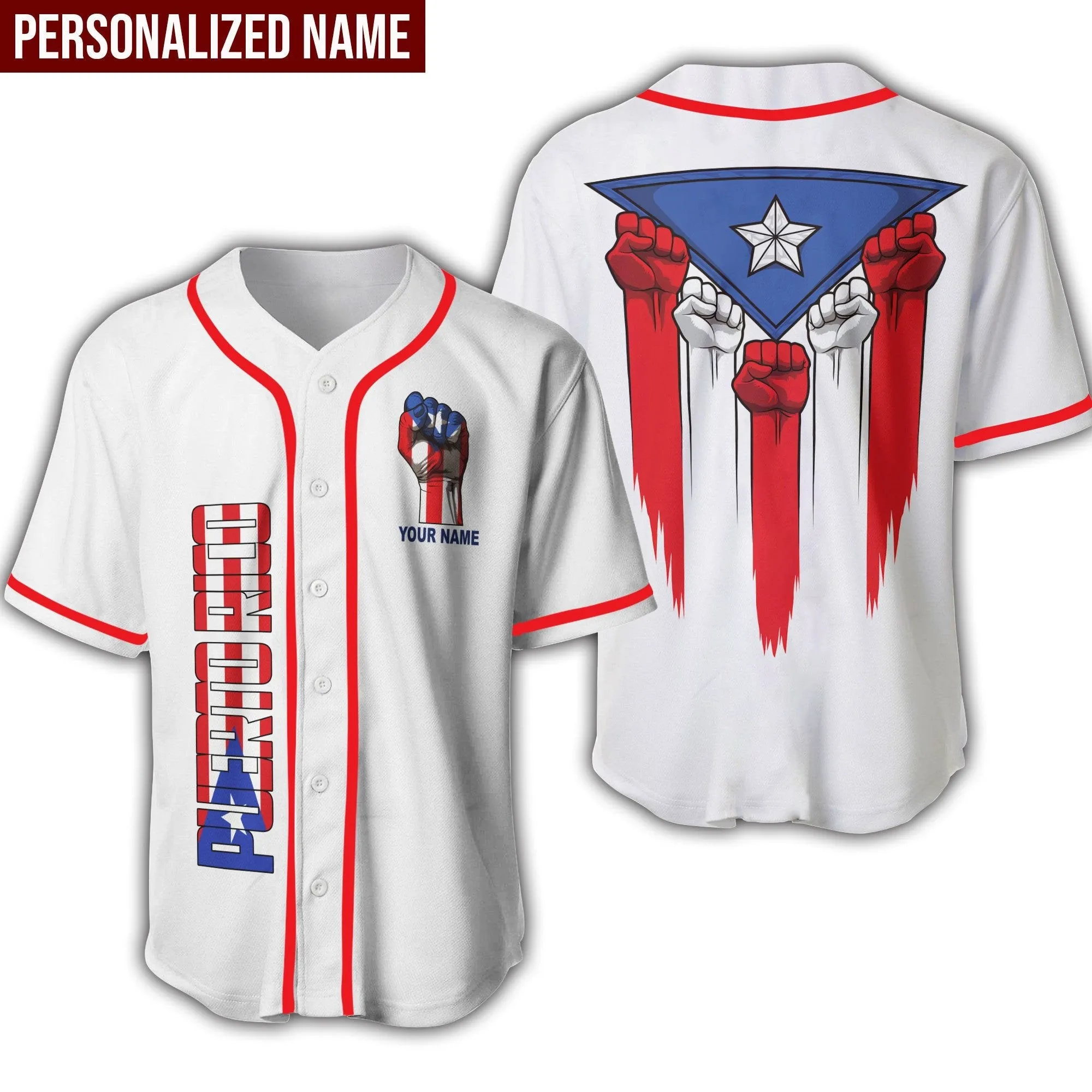 Puerto Rico Hand Raising Flag Personalized Baseball Jersey