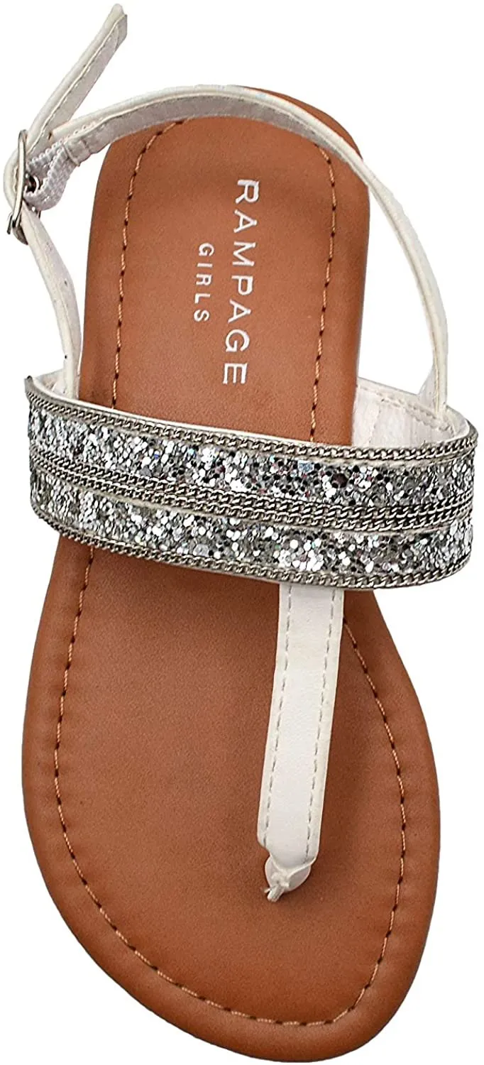 Rampage Girls Big Kid Glitter T-Strap Thong Slide Sandal with Adjustable Back Strap - Fashion Summer Flat Shoes